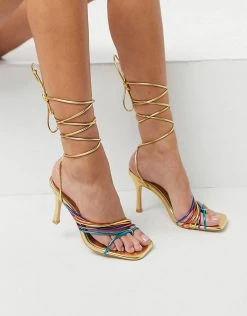 Cheap 😍 Public Desire Wide Fit Super Heeled 🩴 Sandals With Multi Coloured Straps In Gold For Women ✨ -Outlet Women's Public Desire Store unnamed file 3378