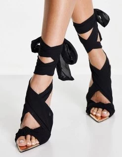 Flash Sale 🌟 Public Desire Huni Ribbon Tie Up Gold Stiletto Heeled 🩴 Sandals Black For Women ❤️ -Outlet Women's Public Desire Store unnamed file 3426