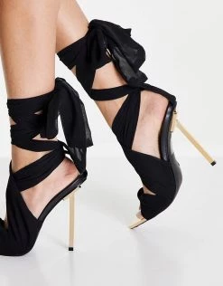 Flash Sale 🌟 Public Desire Huni Ribbon Tie Up Gold Stiletto Heeled 🩴 Sandals Black For Women ❤️ -Outlet Women's Public Desire Store unnamed file 3427
