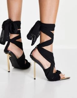 Flash Sale 🌟 Public Desire Huni Ribbon Tie Up Gold Stiletto Heeled 🩴 Sandals Black For Women ❤️ -Outlet Women's Public Desire Store unnamed file 3428