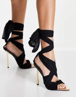 Flash Sale 🌟 Public Desire Huni Ribbon Tie Up Gold Stiletto Heeled 🩴 Sandals Black For Women ❤️ -Outlet Women's Public Desire Store unnamed file 3429