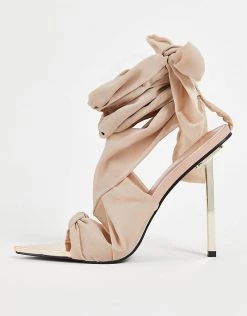 Best Sale 👍 Public Desire Huni Ribbon Tie Up Gold Stiletto Heeled 🩴 Sandals Beige For Women 👍 -Outlet Women's Public Desire Store unnamed file 3434