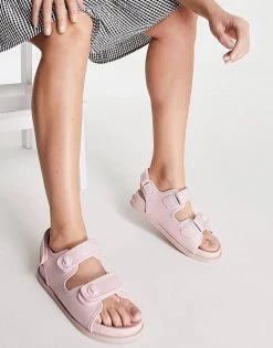 Deals 🔔 Public Desire Destination Double Strap Front Flat 🩴 Sandal In Pink Pu For Women 🔔