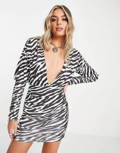 Budget ❤️ Public Desire Exaggerated Shoulder Mini 👗 Dress In Zebra For Women 🔔 -Outlet Women's Public Desire Store unnamed file 347