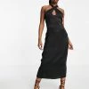 Promo 🤩 Public Desire Cross Halter Slip Satin Midi 👗 Dress In Black For Women ✔️