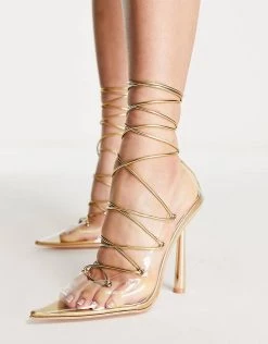 Best Sale 🤩 Public Desire Strike Perspex Lace Up Court Heeled 👟 Shoes Gold Metallic Pu For Women 🧨 -Outlet Women's Public Desire Store unnamed file 3507