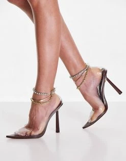 Hot Sale 🥰 Public Desire Tibby Diamante Chain Ankle Detail Clear Perspex Court Heeled 🩴 Sandals Choc Pu For Women 🎉
