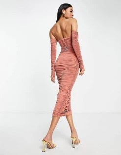 Outlet ⭐ Public Desire Double Layer Ruched Midaxi 👗 Dress In Dusty Peach For Women 🎁 -Outlet Women's Public Desire Store unnamed file 357