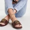 Best Pirce ❤️ Public Desire Harrie Padded Metal Detail Flat Strappy 🩴 Sandals In Choc For Women ⌛