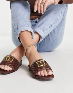 Best Pirce ❤️ Public Desire Harrie Padded Metal Detail Flat Strappy 🩴 Sandals In Choc For Women ⌛