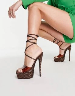 Top 10 🛒 Public Desire Celeste Square Toe Diamante Perspex Ankle Tie Heeled 🩴 Sandals Chocolate Satin For Women 🧨