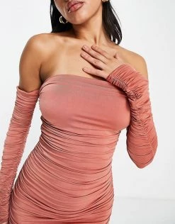 Outlet ⭐ Public Desire Double Layer Ruched Midaxi 👗 Dress In Dusty Peach For Women 🎁 -Outlet Women's Public Desire Store unnamed file 358