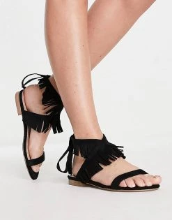 Flash Sale 🤩 Public Desire Esme Fringed Lace Up 🩴 Sandals In Black Faux Suede For Women 🔔
