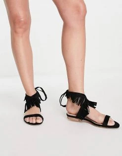 Flash Sale 🤩 Public Desire Esme Fringed Lace Up 🩴 Sandals In Black Faux Suede For Women 🔔 -Outlet Women's Public Desire Store unnamed file 3598