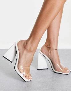 Wholesale 💯 Public Desire Tammi Square Toe Pyramid Heeled Mule White For Women 😉