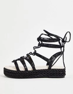 Cheap 🔥 Public Desire Thea Lace Up Studded Gladiator 🩴 Sandals In Black For Women ✔️