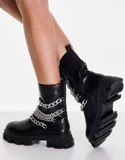 Flash Sale 👏 Public Desire Restrain Chain Detail Chunky Sole Ankle Boot In Black For Women 🌟 -Outlet Women's Public Desire Store unnamed file 3656