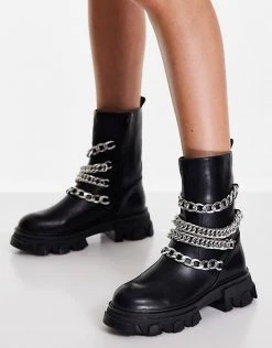Flash Sale 👏 Public Desire Restrain Chain Detail Chunky Sole Ankle Boot In Black For Women 🌟 -Outlet Women's Public Desire Store unnamed file 3659