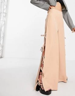 New ❤️ Public Desire Wide Leg Tie Side Trousers In Stone For Women ⌛