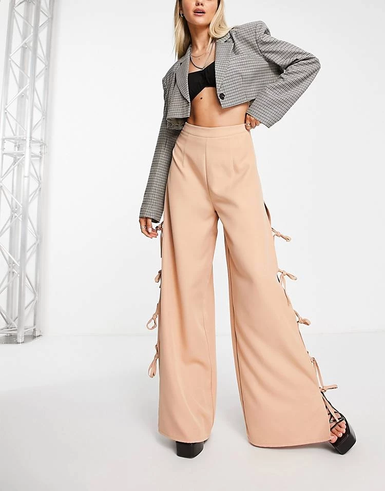 New ❤️ Public Desire Wide Leg Tie Side Trousers In Stone For Women ⌛ 4 New ❤️ Public Desire Wide Leg Tie Side Trousers In Stone For Women ⌛ - Image 3