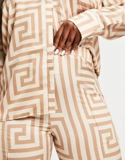 Best Pirce 🎁 Public Desire Curve Satin Printed Trouser Co Ord Suit In Brown Geo For Women ⭐ -Outlet Women's Public Desire Store unnamed file 3715