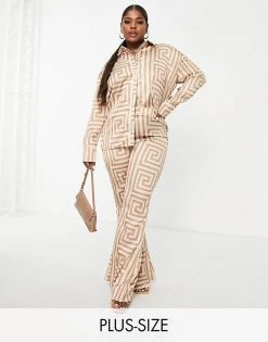 Best Pirce 🎁 Public Desire Curve Satin Printed Trouser Co Ord Suit In Brown Geo For Women ⭐ -Outlet Women's Public Desire Store unnamed file 3717