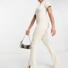 Budget 👏 Public Desire Lettuce Hem Flared Ribbed Co Ord In Ecru For Women 👏
