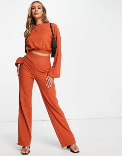 Best deal 😀 Public Desire Waffle Oversized Wide Leg Jogger In Rust For Women 🌟