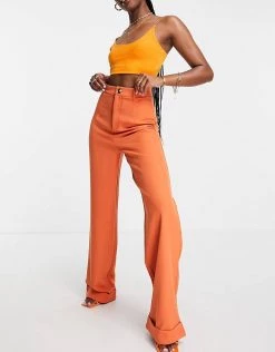 Promo 🛒 Public Desire Tailored Trousers With Turn Up Detail Co Ord In Rust For Women Brown 🔥 -Outlet Women's Public Desire Store unnamed file 3900