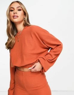 Hot Sale 👍 Public Desire Waffle Cropped Oversized Sweatshirt In Rust For Women 🎉 -Outlet Women's Public Desire Store unnamed file 3918