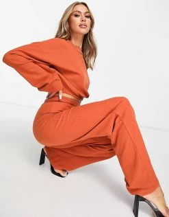 Hot Sale 👍 Public Desire Waffle Cropped Oversized Sweatshirt In Rust For Women 🎉 -Outlet Women's Public Desire Store unnamed file 3919