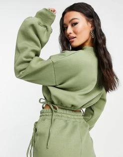 Promo 🔔 Public Desire Cropped Sweat With Balloon Sleeves Co Ord In Olive For Women 😀 -Outlet Women's Public Desire Store unnamed file 3968