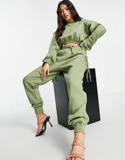 Promo 🔔 Public Desire Cropped Sweat With Balloon Sleeves Co Ord In Olive For Women 😀 -Outlet Women's Public Desire Store unnamed file 3969