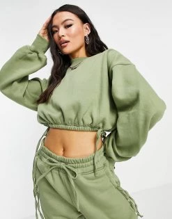 Promo 🔔 Public Desire Cropped Sweat With Balloon Sleeves Co Ord In Olive For Women 😀 -Outlet Women's Public Desire Store unnamed file 3970