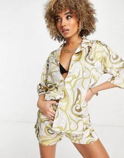 Discount 🛒 Public Desire Satin Beach 👚 Shirt Co-ord In Green Swirl Print - MULTI 🔥