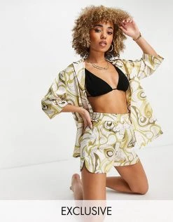 Discount 🛒 Public Desire Satin Beach 👚 Shirt Co-ord In Green Swirl Print - MULTI 🔥 -Outlet Women's Public Desire Store unnamed file 4023
