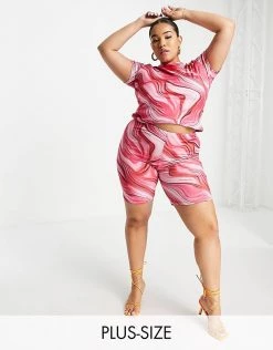 Budget 🔥 Public Desire Curve Double Layer Slinky Legging Short In Pink Swirl For Women 🎉 -Outlet Women's Public Desire Store unnamed file 4050