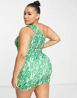 Top 10 😀 Public Desire Curve Double Layer Slinky One Shoulder Mini 👗 Dress In Green Swirl For Women 🎉 -Outlet Women's Public Desire Store unnamed file 407