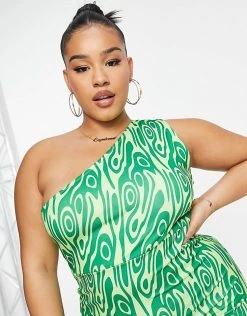 Top 10 😀 Public Desire Curve Double Layer Slinky One Shoulder Mini 👗 Dress In Green Swirl For Women 🎉 -Outlet Women's Public Desire Store unnamed file 408