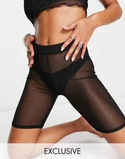 Outlet 👏 Public Desire Mesh Booty Short Co-ord In Black Glitter Mesh For Women 🎁