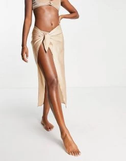 Budget 😍 Public Desire Knot Detail Beach 👗 Skirt In Gold For Women 😍 -Outlet Women's Public Desire Store unnamed file 4128