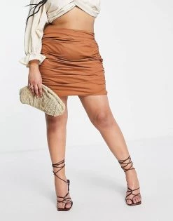 Promo 🤩 Public Desire Curve X Kenza Ruched Mini 👗 Skirt Co Ord In Mocha For Women 😉 -Outlet Women's Public Desire Store unnamed file 4138
