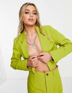 Outlet 😉 Public Desire Cropped Tailored Blazer Co-ord In Lime For Women Chartreusse ⌛ -Outlet Women's Public Desire Store unnamed file 4195