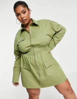 Outlet 🌟 Public Desire Curve Utility 👚 Shirt 👗 Dress In Olive For Women 🎁 -Outlet Women's Public Desire Store unnamed file 422