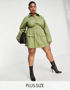 Outlet 🌟 Public Desire Curve Utility 👚 Shirt 👗 Dress In Olive For Women 🎁 -Outlet Women's Public Desire Store unnamed file 424