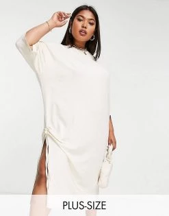 New ✔️ Public Desire Curve Side Split Detail Oversized T-shirt Midaxi 👗 Dress In Cream For Women Oyster 🌟 -Outlet Women's Public Desire Store unnamed file 434