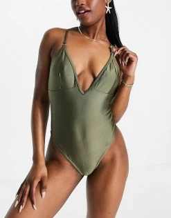 Outlet ๐ Public Desire High Leg Plunge ๐ฉฑ Swimsuit With Cross Back Detail In Olive Green For Women ๐