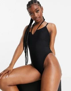 Best Pirce 🌟 Public Desire V Front 🩱 Swimsuit With Strapping Detail In Black Waffle For Women 🔥