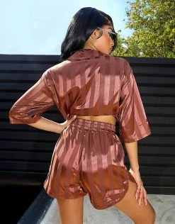 Cheap 🌟 Public Desire X Kenza Beach 👚 Shirt Co-ord In Mocha Satin Stripe Jacquard For Women 🛒 -Outlet Women's Public Desire Store unnamed file 4611