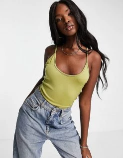 New 😉 Public Desire Slinky Cross Back Double Layer Bodysuit In Palm Green For Women ⭐